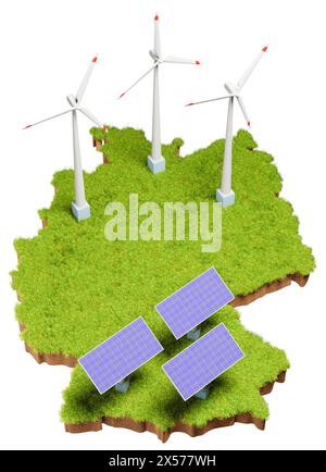 Erneuerbare Energien mit Solarpaneelen und Windturbinen in Deutschland Konzept. Grasfläche mit Boden darunter in Form von Deutschland mit zusätzlichen Solarpaneelen und Stockfoto