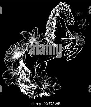 Weiße Silhouette des Pferdes mit Blumen auf schwarzem Hintergrund Stock Vektor