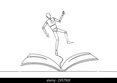 Roboter zum kontinuierlichen Zeichnen einer Linie, der über ein geöffnetes Buch bewegt. Fantasie als Roboter-Astronaut, der im Weltraum schwimmt. Genießen Sie die Geschichte. Buchen Sie fes Stock Vektor