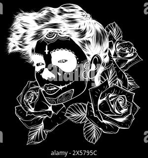 Weiße Silhouette eines Schädelmädchens mit Rosen. Schädelzuckerblume auf schwarzem Hintergrund Stock Vektor