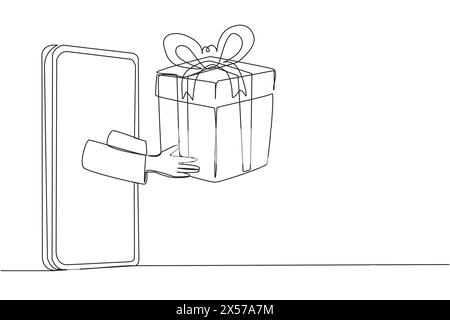 Die Hand mit einer durchgehenden Zeichnungslinie kommt aus der Mitte der Verpackung des Smartphones heraus. Sichere Verpackungen sorgen dafür, dass die Einkäufe sicher eintreffen. Online-Std Stock Vektor