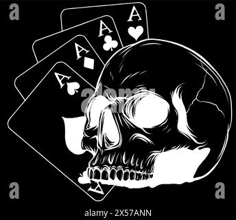 Weiße Silhouette von Poker Face-Skull und vier Asse auf schwarzem Hintergrund Vektor Illustration Stock Vektor