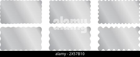 Set mit silbernen rechteckigen Aufklebern mit gewellten Rändern. Glänzende Etiketten, Abzeichen, Preisschilder, Coupons oder Stempel gekrümmte rechteckige Formen isoliert auf weißem Hintergrund. Realistische Vektordarstellung. Stock Vektor
