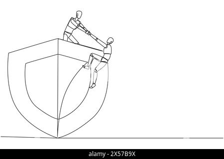 Ein intelligenter Roboter mit durchgehender, einseitiger Linienzeichnung hilft Kollegen, den großen Schild zu erklimmen. Teamwork schützt Kollegen vor bösen Robotern. Einander helfen. Stock Vektor