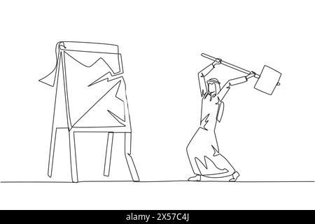 Durchgehende einzeilige Zeichnung arabischer Geschäftsmann, der sich auf das große Flipchart vorbereitet. Amoklauf. Löschen Sie Geschäftsberichte, die nicht wie gewünscht sind. Wutausdruck Stock Vektor