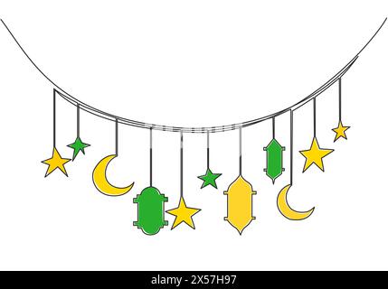 Ramadan Kareem Grußkarte, Poster und Banner Design Hintergrund. Eine einzeilige Zeichnung des islamischen Ornaments mit Monden, Sternen, Laternen und Lampen. Stock Vektor