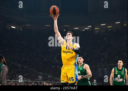 Athen, Lombardei, Griechenland. Mai 2024. 15 JAKE COHEN von Maccabi Playtika Tel Aviv während der Euroleague, Playoff D, Spiel 5, Spiel zwischen Panathinaikos Athens und Maccabi Playtika Tel Aviv am 7. Mai 2024 in Oaka Altion in Athen, Griechenland. (Kreditbild: © Stefanos Kyriazis/ZUMA Press Wire) NUR REDAKTIONELLE VERWENDUNG! Nicht für kommerzielle ZWECKE! Stockfoto