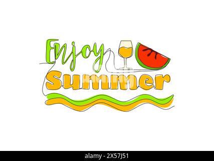 Einzelne durchgehende Linienzeichnung mit niedlichem und coolem typografischem Zitat zur Urlaubszeit - Genießen Sie den Sommer. Kalligraphisches Design für Druck, Karte, Banner, Poster. Eins Stock Vektor