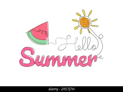 Eine einzeilige Zeichnung mit niedlichen und coolen Reisezeitschriften – Hello Summer. Kalligraphisches Design für Druck, Karte, Banner, Poster. Kontinuierlich Stock Vektor