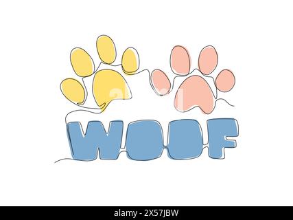Eine durchgehende Linienzeichnung mit niedlichem Tippzitat aus Tierhandeln - Woof für Welpen-Hundesound. Kalligraphisches Design für Druck, Karte, Banner, Post Stock Vektor