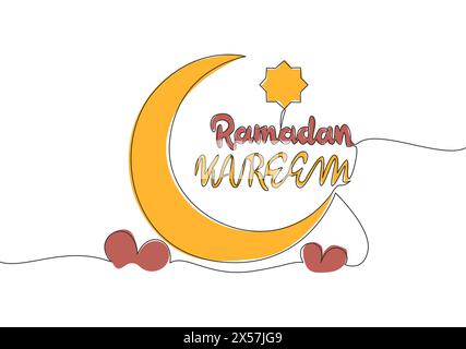 Eine einzeilige Zeichnung von Happy Eid Al Fitr Mubarak und Ramadan Kareem Concept. Islamische Feiertagskalligrafie für Druck, Grußkarte, Banner, Stock Vektor