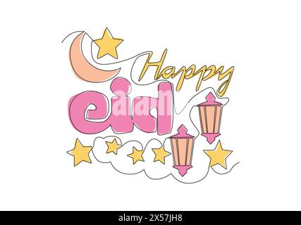 Einzelne durchgehende Linienzeichnung von Happy Eid Al Fitr Mubarak und Ramadan Kareem Concept. Islamische Feiertagskalligrafie für Druck, Grußkarte, Stock Vektor