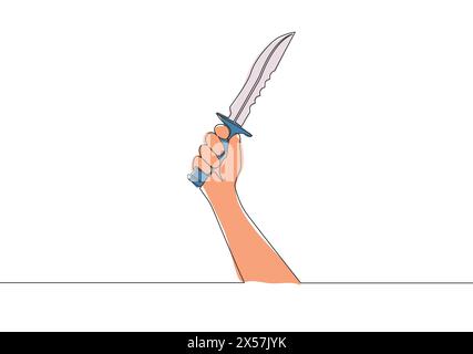 Einzelne durchgehende Linienzeichnung eines Mannes, der eine militärische Messerklinge hält. Illustration des Vektorentwurfs mit einer Linie Stock Vektor