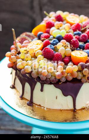 Köstlicher Käsekuchen mit geschmolzener Schokolade, Äpfeln, Erdbeeren, Heidelbeeren, Pfirsichen, Himbeeren, Heidelbeeren, Feigen und Trauben auf der Oberseite Stockfoto