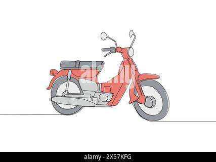 Eine durchgehende Linienzeichnung des alten, klassischen asiatischen Motorradlogos. Oldtimer-Motorradkonzept. Vektorgrafik mit einer Linie Stock Vektor