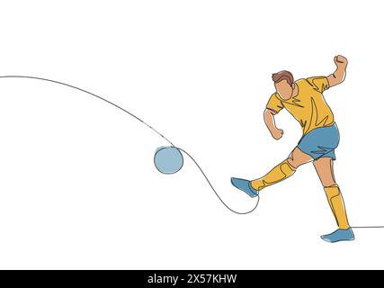 Einzelne durchgehende Linienzeichnung eines jungen Passion-Fußballspielers, der den Ball wirklich hart auf das gegnerische Tor schießt. Fußballspiel Sportkonzept. Eins Stock Vektor