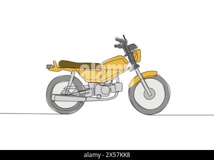 Eine durchgehende Linienzeichnung des alten Motorradlogos. Klassisches Oldtimer-Motorradkonzept. Vektorgrafik mit einer Linie Stock Vektor