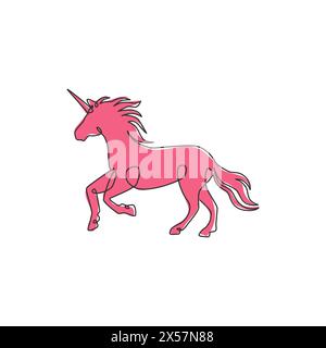 Einzelne durchgehende Linienzeichnung von wunderschönem Einhorn für Firmenlogo-Identität. Fantasievolle Kreatur-Konzept für Textilmodedruck für Kinder. Stock Vektor