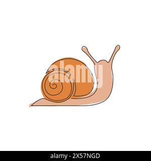 Eine durchgehende Linienzeichnung einer exotischen Schnecke mit Spiralschalenmaskottchen-Konzept für Bio-Lebensmittel-Logo-Identität. Hohe nahrhafte schrottartige gesunde Nahrung. Co Stock Vektor