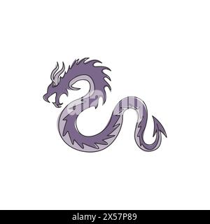 Einzelne durchgehende Linienzeichnung von fiktiven Monstern Drachen für die traditionelle chinesische Logoidentität. Magische Legenden-Kreatur-Maskottchen-Konzept für den Kampf Stock Vektor