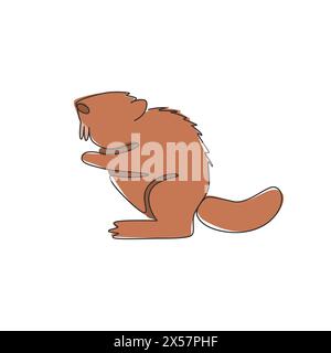 Eine durchgehende Linienzeichnung eines niedlichen stehenden Bibers für Logo-Identität. Lustiges, entzückendes Maskottchen für Säugetiere als Nationalparksymbol. Modern singen Stock Vektor