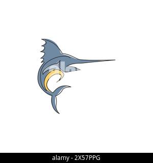 Einzelne durchgehende Linienzeichnung von großem Marlin für die Firmenlogo-Identität des Schifffahrtsunternehmens. Das Maskottchen für den springenden Schwertfisch ist ein Symbol für das Angelturnier. Eine lin Stock Vektor