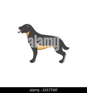 Eine durchgehende Linienzeichnung eines wilden Rottweiler-Hundes für die Identität des Sicherheitsunternehmens. Maskottchenkonzept für reinrassige Hunde für ein Pedigree-freundliches Haustier-Symbol. M Stock Vektor
