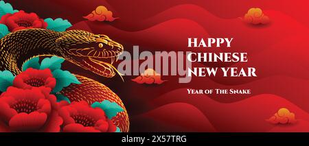 Happy Chinese New Year 2025 Bannerdesign, mit Schlangen-Sternzeichen und Pfingstrose Blume Illustration Stock Vektor