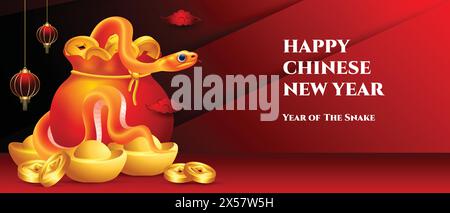 Chinesisches Neujahrsbanner 2025 mit goldenem Podium, Schlangenschild und traditionellem chinesischem Objekt Stock Vektor