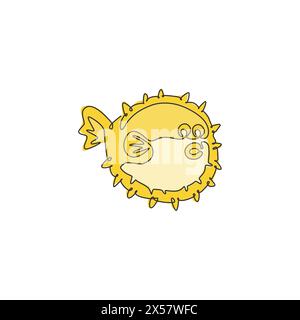 Einzelne durchgehende Linienzeichnung von niedlichen Pufferfischen für die Identität des Meereslogos. Blow Fish Mascot Konzept für ein chinesisches Restaurant. Moderne, einzeilige Einrichtung Stock Vektor
