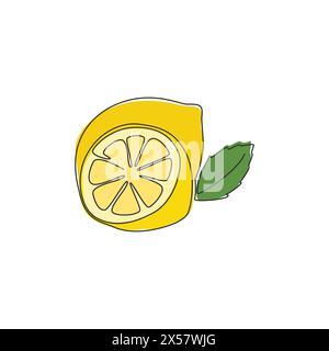 Einzelne durchgehende Linienzeichnung von ganzen und in Scheiben geschnittenen gesunden Bio-Zitrone für Obstgarten Logo Identität. Frisches Fruchtschalen-Konzept für die Ikone des Obstgartens. Stock Vektor