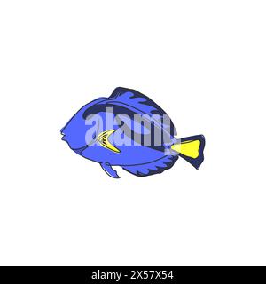 Einzelne durchgehende Linienzeichnung mit entzückendem blauem Fisch für das Logo des Schifffahrtsunternehmens. Exotisches Surgeonfish-Maskottchen-Konzept für SEA World-Show-Ikone. Stock Vektor