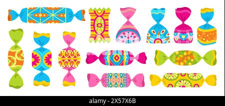 Bonbons mit Ornament-Wrap-Cartoon-Set. Süßigkeiten Bonbon Lutscher Schokolade, Karamellbonbons, Snackverpackungen mit Doodle-Muster. Leckere Zucker Dessert Essen kindliche Party. Gewickelter Karamell-leckerer Bonbon-Vektor Stock Vektor