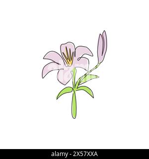 Eine einzeilige Zeichnung mit frischer Lilium für das Poster zur Innenraumgestaltung. Bedruckbare dekorative echte Lilienblüte für Hochzeitseinladungskarte. Modern Stock Vektor