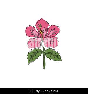 Eine einzeilige Zeichnung mit Beauty Fresh Hibiskus für Garten-Logo. Dekoratives Rosenmalvenblütenkonzept für Poster zur Wohnraumdekoration. Modern durchgehend Stock Vektor