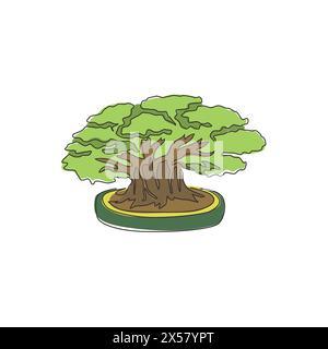 Eine durchgehende Linienzeichnung von Schönheit und frischem chinesischen Bonsaibaum. Dekorative alte Topf kleine Banyan Baum Konzept für Wohnkunst Wanddekor Poster Pri Stock Vektor