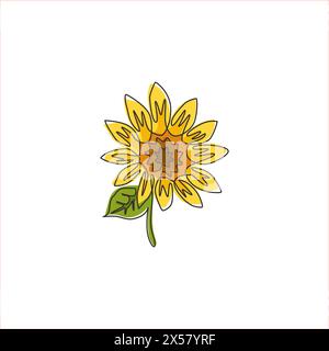 Eine einzeilige Zeichnung mit Beauty Fresh Sunflower for Park Logo. Bedruckbares Poster Dekor helianthus Saison Blume Konzept für Wand Wohnkultur Kunst. Stock Vektor