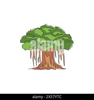 Einzelne durchgehende Linienzeichnung von schattigen und belaubten Banyanbäumen. Dekoratives Ficus benghalensis Pflanzenkonzept für Wanddekor Home Art Posterdruck. Moder Stock Vektor