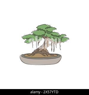 Einzelne durchgehende Linienzeichnung eines wunderschönen und exotischen japanischen Bonsai-Baumes. Dekoratives altes, kleines Banyan-Baum-Konzept für Wohnkultur Wandbild-Poster prin Stock Vektor
