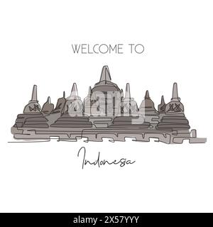 Eine durchgehende Linie, die das Wahrzeichen des Candi Borobudur-Tempels zeichnet. Wunderschöner berühmter Ort in Indonesien. World Travel Home Wall Decor Poster Print Konzept Stock Vektor