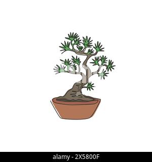 Eine einzeilige Zeichnung Schönheit und exotischer Miniatur-Bonsai-Baum für Wohnwand-Dekor-Poster. Dekorative, alte Topfpflanze für das Shop-Logo. Moder Stock Vektor