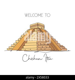 Eine durchgehende Linie, die das Wahrzeichen der Chichen-Itza-Maya-Pyramide darstellt. Weltberühmter Ort in Yucatan Mexiko. Urlaub Wand Dekor Kunst Posterdruck Co Stock Vektor