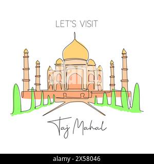 Eine einzige Linie, die das Wahrzeichen der Taj Mahal-Moschee zeigt. Weltberühmter Ort in Agra, Indien. Tourismus Reise Postkarte Wanddekor Haus Kunst Poster Konzept. Modus Stock Vektor