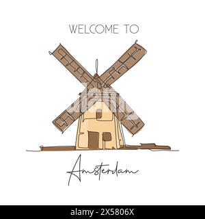 Eine durchgehende Linie, die das Wahrzeichen der Windmühle Molen de Adriaan zeichnet. Schönheit berühmter Ort in den Niederlanden. World Travel Home Decor Wall Art Poster Konzept Stock Vektor