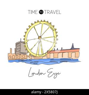 Depok, Indonesien - 2. August 2019: Eine einzige Linie zeichnet das Londoner Ferris Wheel Wahrzeichen. Weltberühmter Ort in London, England. Tourismusreise Postwagen Stock Vektor