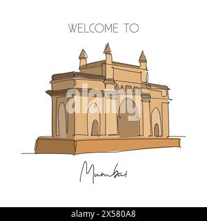 Eine durchgehende Linie, die das Wahrzeichen des „Gateway of India“ zeichnet. Symbolisches Denkmal in Mumbai Indien. Urlaub Tour Reise Wanddekor Poster Print Kunstkonzept. Mod Stock Vektor