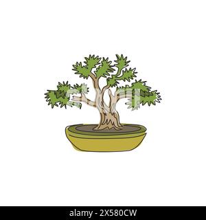 Einzelne durchgehende Linienzeichnung von Schönheit und altem exotischen Bonsaibaum für Wohnkultur-Poster. Dekorative Bonsai-Pflanze für Pflanzenshop-Logo. Stock Vektor