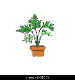 Einzelne durchgehende Linienzeichnung mit süßen tropischen Blättern. Bedruckbares Zimmerpflanzen-Philodendron-Selloum-Konzept für Wohnwanddekoration. Modern Stock Vektor