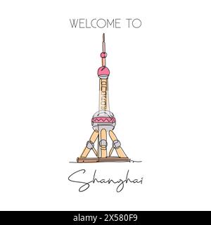Depok, Indonesien - 6. August 2019: Eine einzeilige Zeichnung des Wahrzeichens des Oriental Pearl Tower. Weltberühmter Ort in Shanghai, China. Tourismusreisen postca Stock Vektor