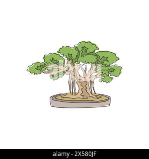 Eine einzige Linie, die einen wunderschönen und exotischen japanischen Bonsaibaum zeichnet. Dekoratives Banyan-Baum-auf-Baum-Konzept für Grußpostkarte. Moderne Verbindung Stock Vektor